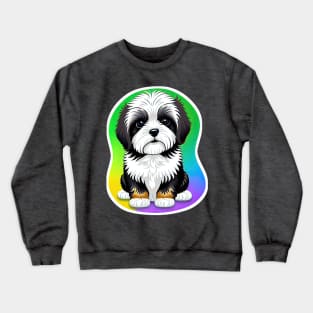 A Cute Havanese Puppy Dog with Black & White Markings and a Brown Trim with a Rainbow Color Background Crewneck Sweatshirt